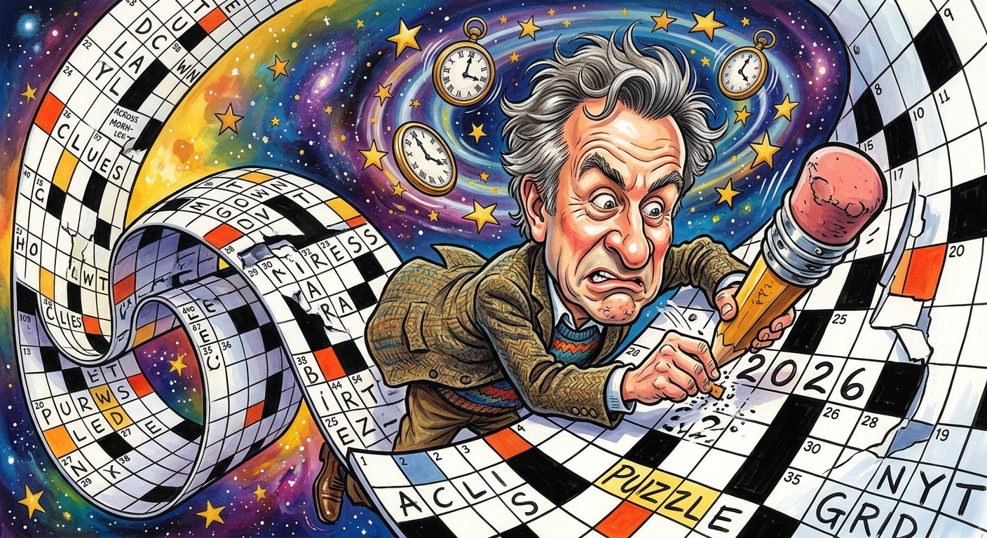 A caricature of the puzzle author illustrating the story Patrick Merrell Sentenced to Five-Year Time Loop Following Puzzling Crossword Calendar Glitch.