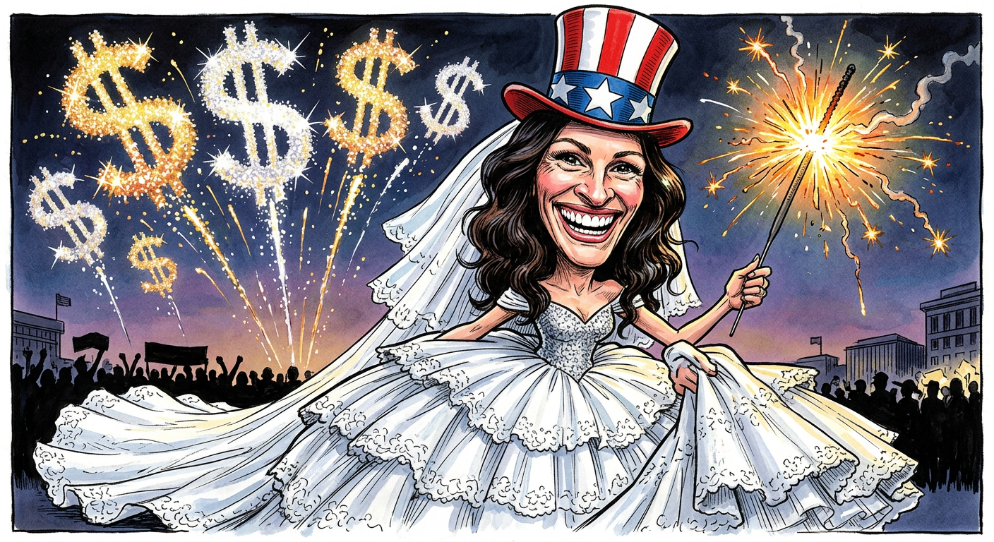 A caricature of Julia Roberts smiling near fireworks illustrating the story Sparkler Stress! How July 4th Nuptials Are Just Elaborate Tax Scams for Julia Roberts.