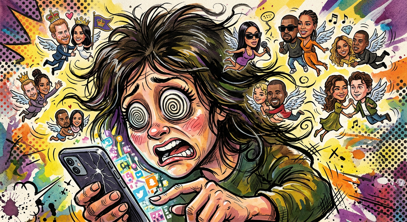 A colorful caricature illustration showing a fan in the grips of the story Local Woman Convinced Harry Styles and Taylor Swift Are Her Actual Biological Parents.