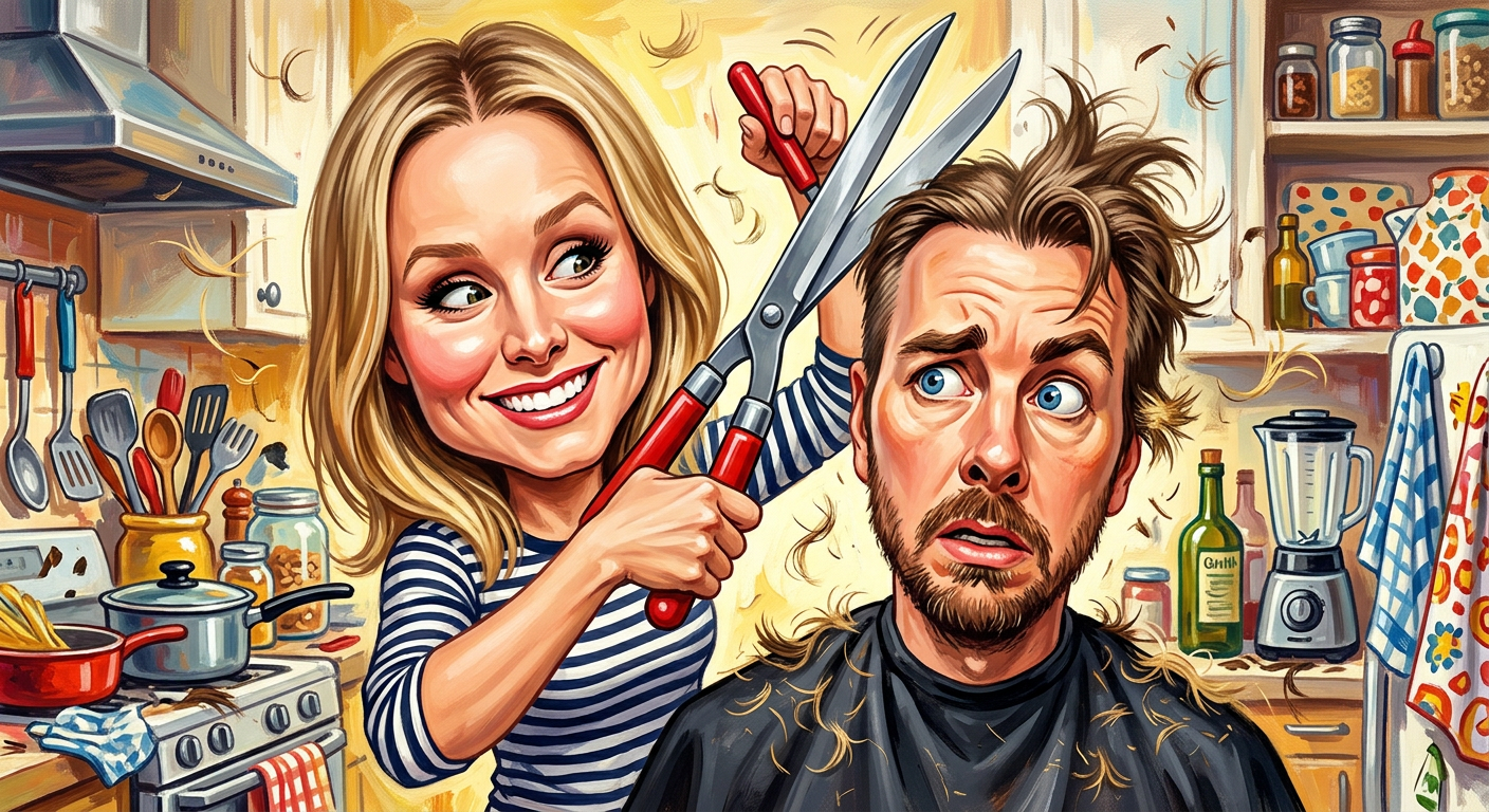A caricature illustration showing the scene from the article Low Budget Shepherd: Kristen Bell Turns Living Room Into Illegal Discount Barbershop with Kristen Bell cutting Dax Shepard's hair.