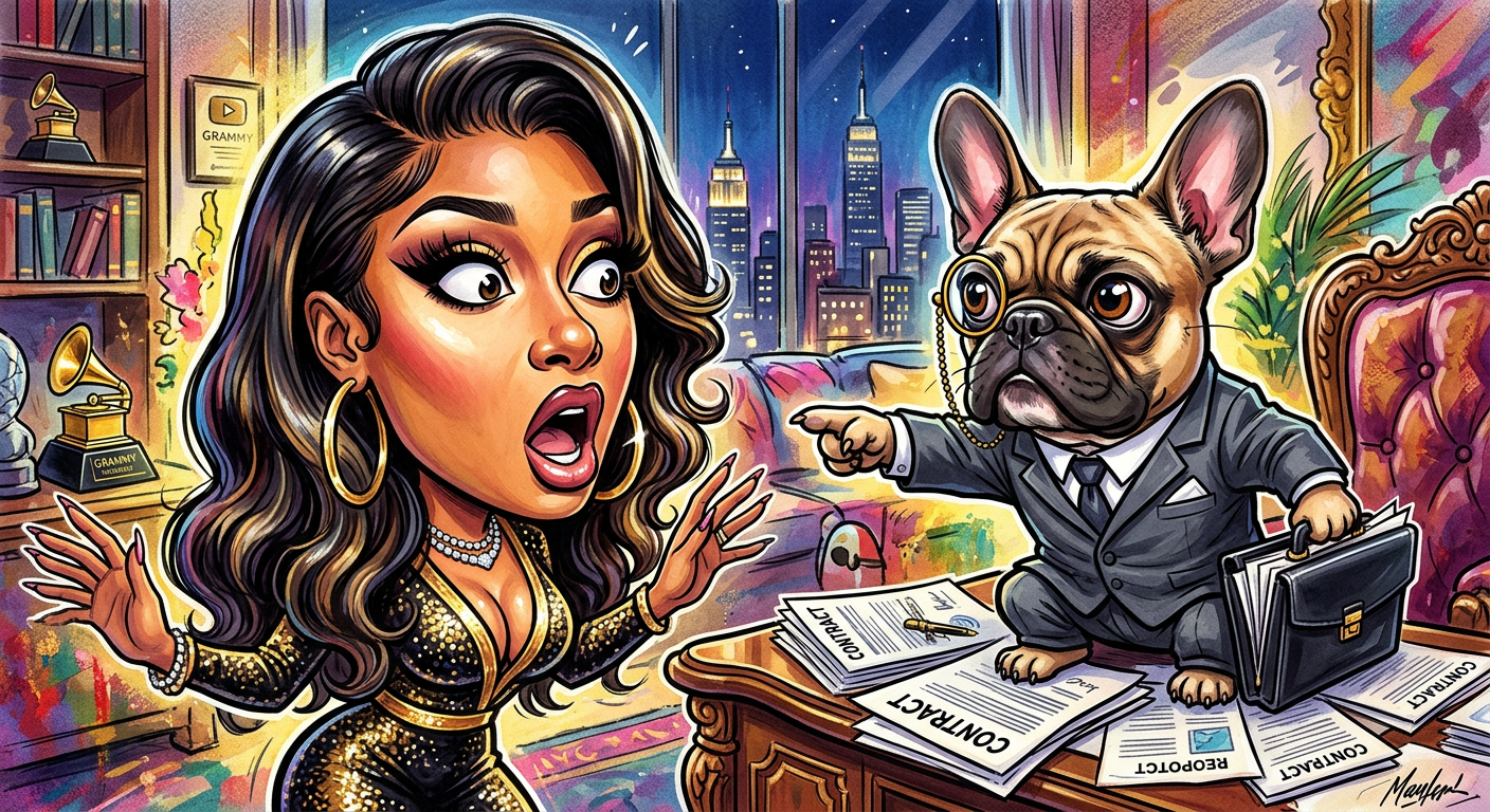 A caricature illustration for the article Megan Thee Stallion’s Frenchie Demands 15% Cut of All Future Stallion Global Touring Revenue showing a dog in a suit suing its famous owner.