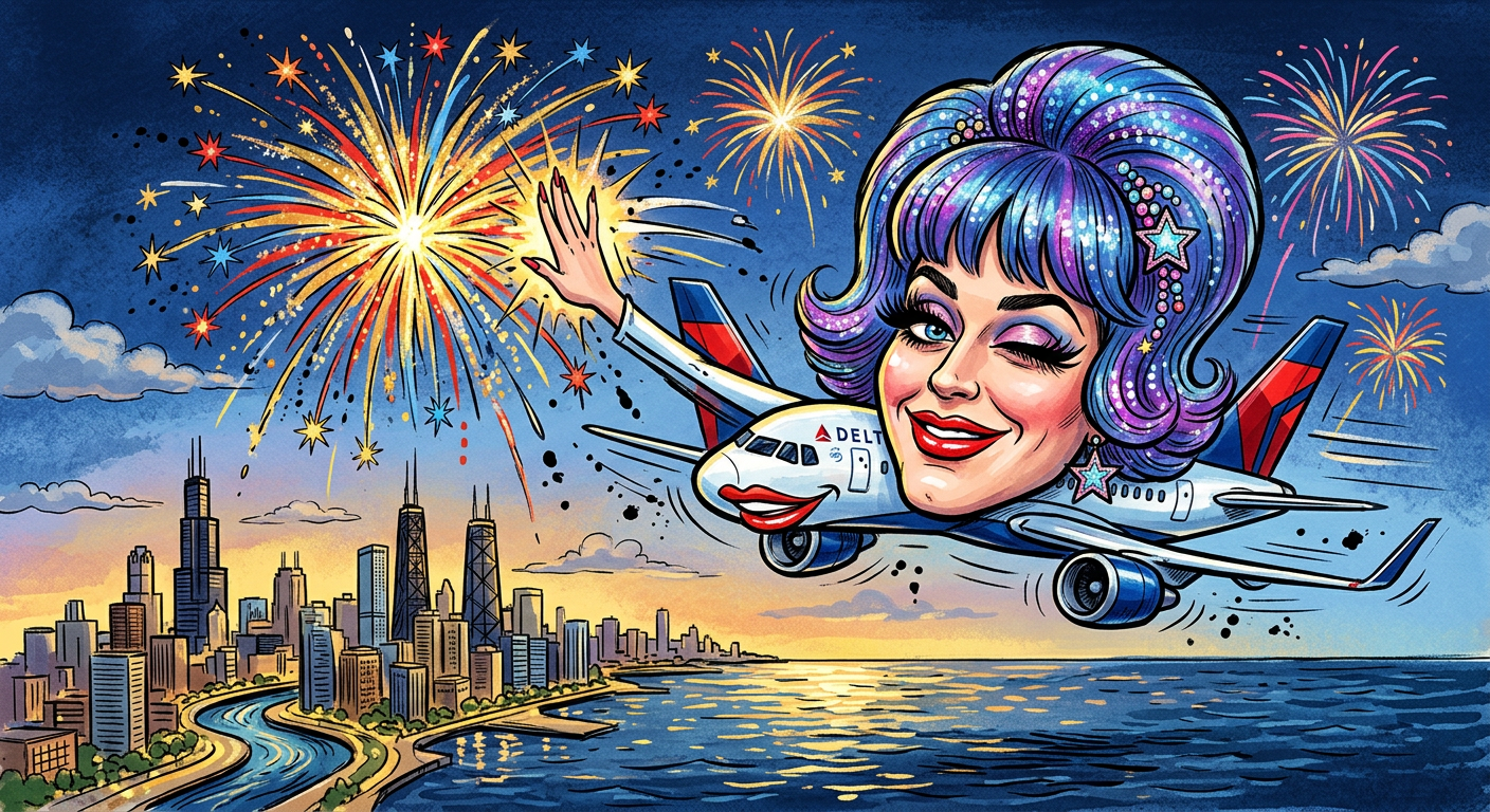 A caricature of a festive aircraft illustrates the story Boeing Sparkler! Delta Plane Tries to Upstage Katy Perry with Mid-Air Pyrotechnics by posing with colorful fireworks.