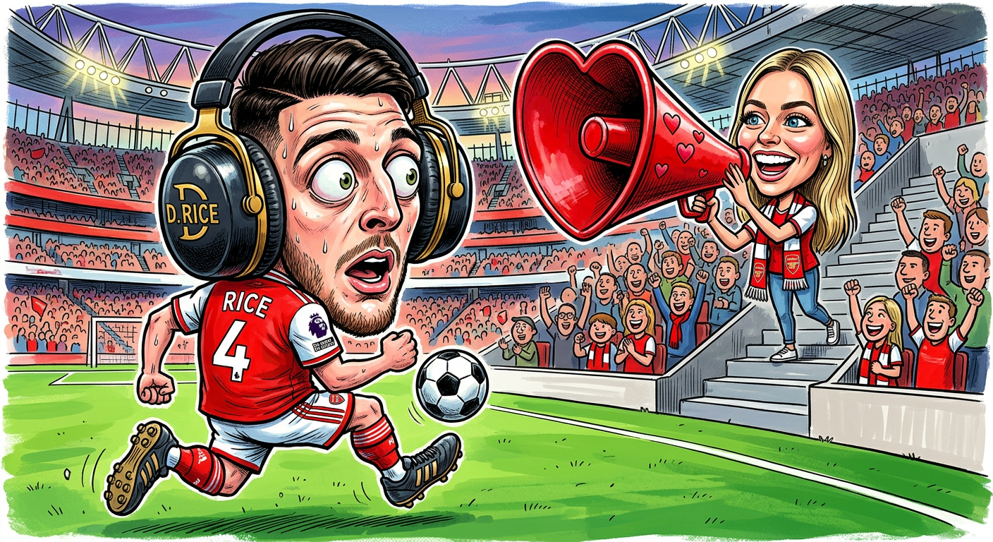 A caricature illustrating the story Declan Rice Bans Girlfriend from Sidelines After Her Cheering Breaks Midfield Sound Barrier shows Lauren Fryer shouting through a heart-shaped megaphone.