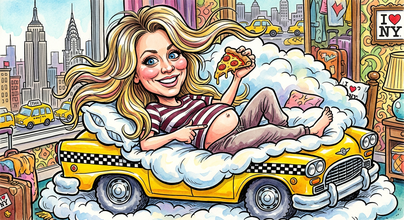 A hand-drawn caricature of the actress for the story Kaley Cuoco’s Belly Becomes New York’s Hottest Tourist Attraction Since the Statue of Liberty.