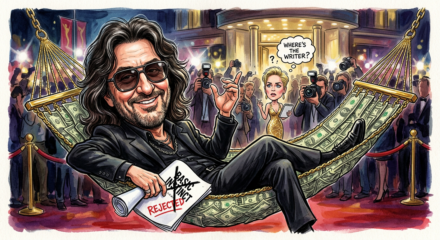 A caricature of Joe Eszterhas relaxing on money illustrates the story Screenwriter Paid Millions to Keep His Hands Off Sharon Stone’s Direct-to-DVD Sequel.