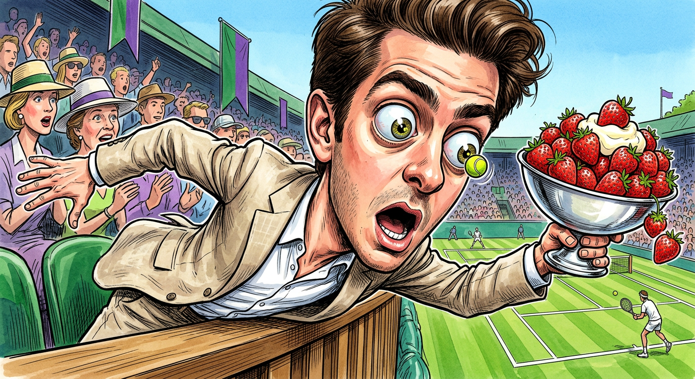 A caricature of the actor as seen in Andrew Garfield Wins Gold Medal for Competitive Jaw-Dropping at Wimbledon Men’s Final.