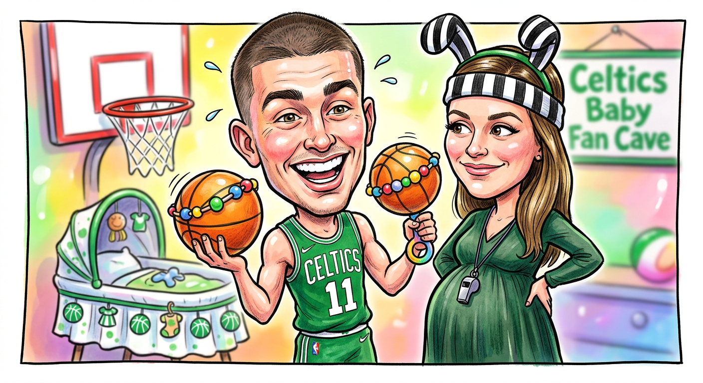 A caricature illustration showing the scene from the article Celtics Star Payton Pritchard Drafts Fetal Guard for 2043 NBA Season Training Camp.