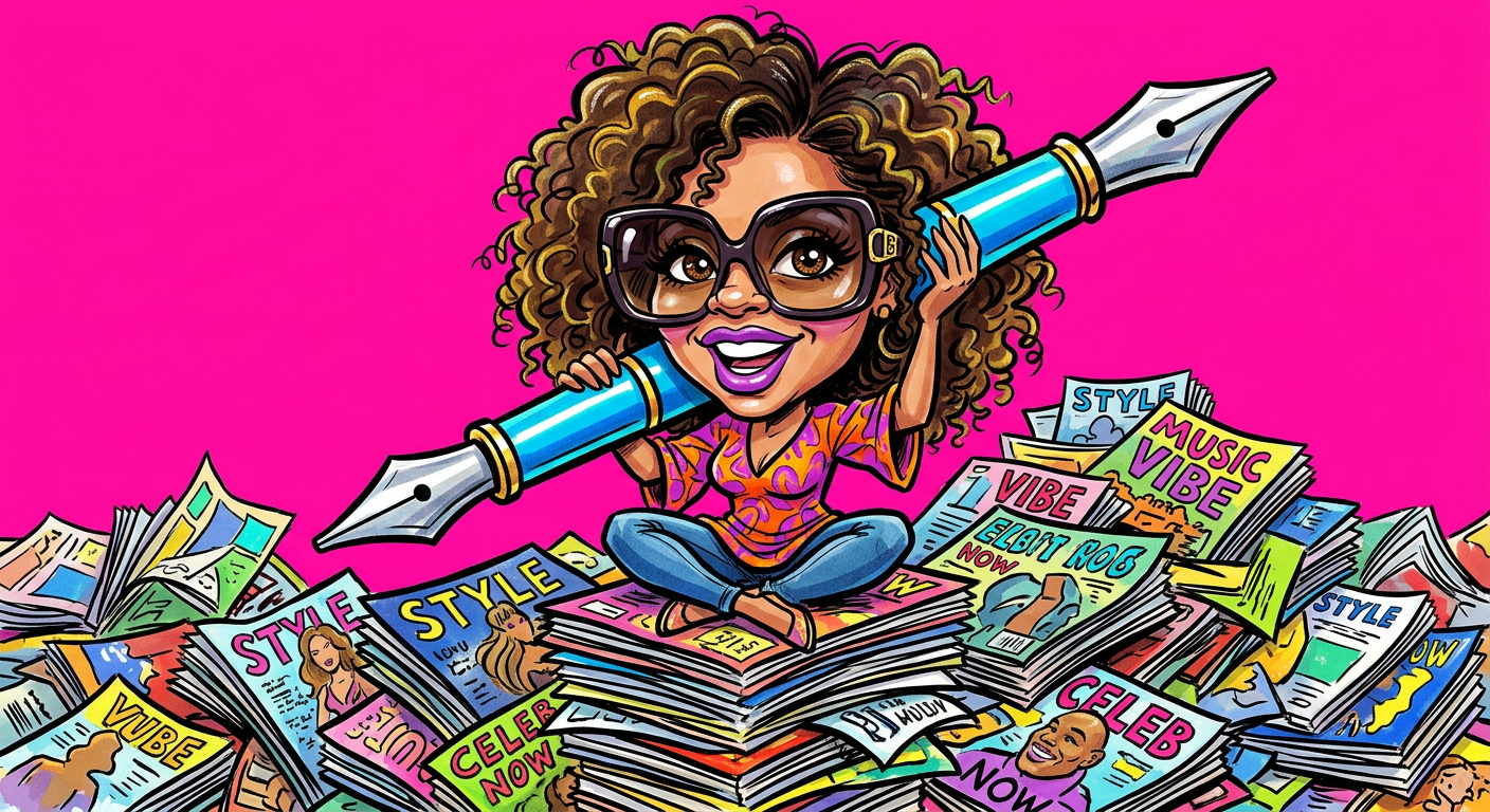 A caricature of Niya Doyle reigning over a stack of glossies for the article Summer Intern Niya Doyle Declares War On Office Coffee Machine Potency.