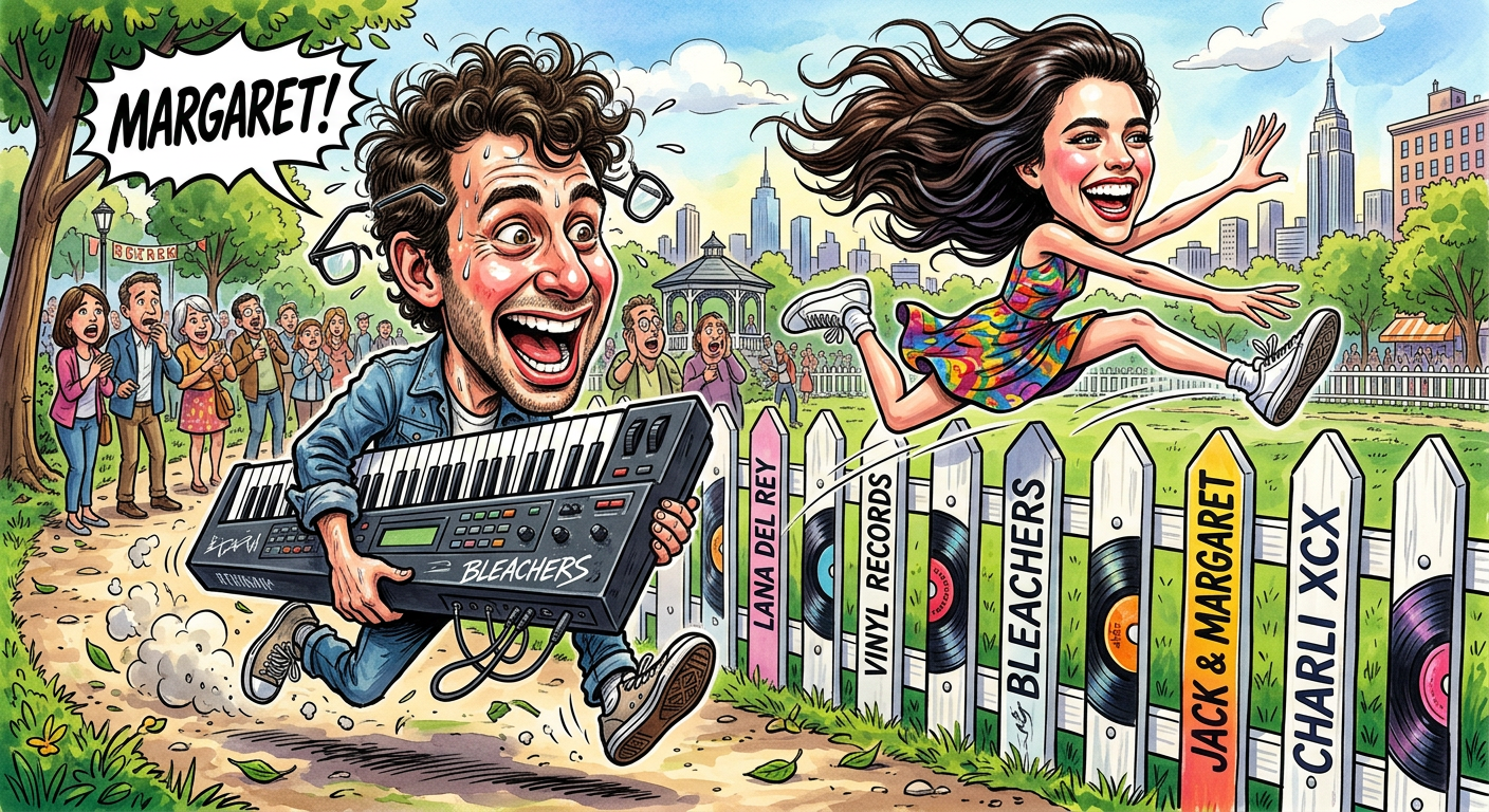 A caricature depicting the story Music Man Jack Antonoff Loses Muse Privilege After Shocking Split From Margaret Qualley as she flees his synthesizers.
