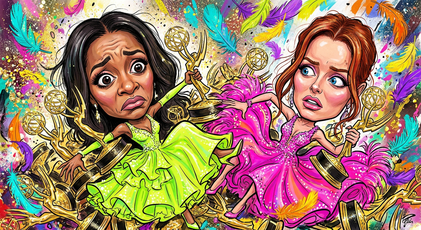 A satirical illustration titled Emmys Beg Dancing With The Stars To Return After Running Out Of Sequins showing celebrities drowning in gold statues and glitter.