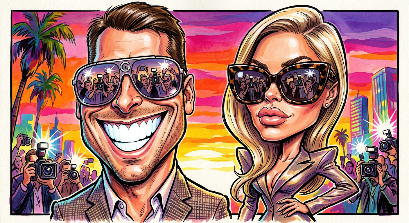 A hand-drawn caricature of the pair illustrating the story Glen Powell Abandons Solo Career Of Looking Handsome To Become Duo With Michelle Randolph.