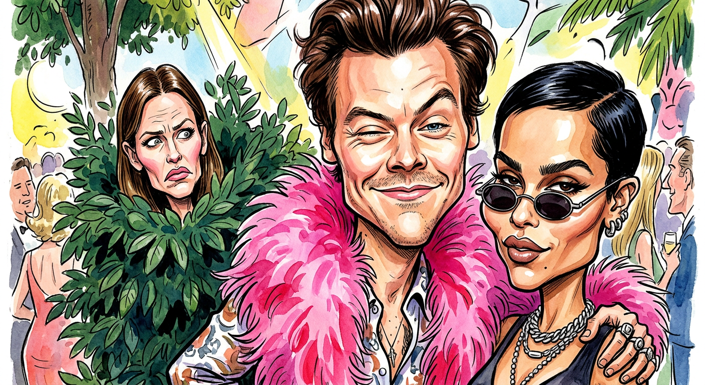 A caricature illustration for the article Harry Styles and Zoë Kravitz Form Secret Society For People With Perfect Bone Structure showing the stars posing dramatically in London.