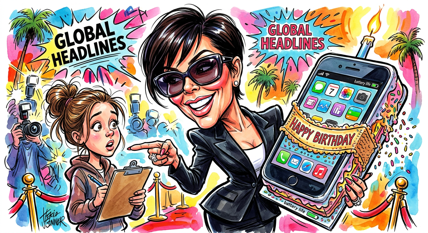 A satirical illustration depicting the article Kris Jenner Launches Granddaughter Penelope Into Middle Management With Birthday Spreadsheet Extravaganza where Kris looks like a high-powered CEO at a child's birthday party.