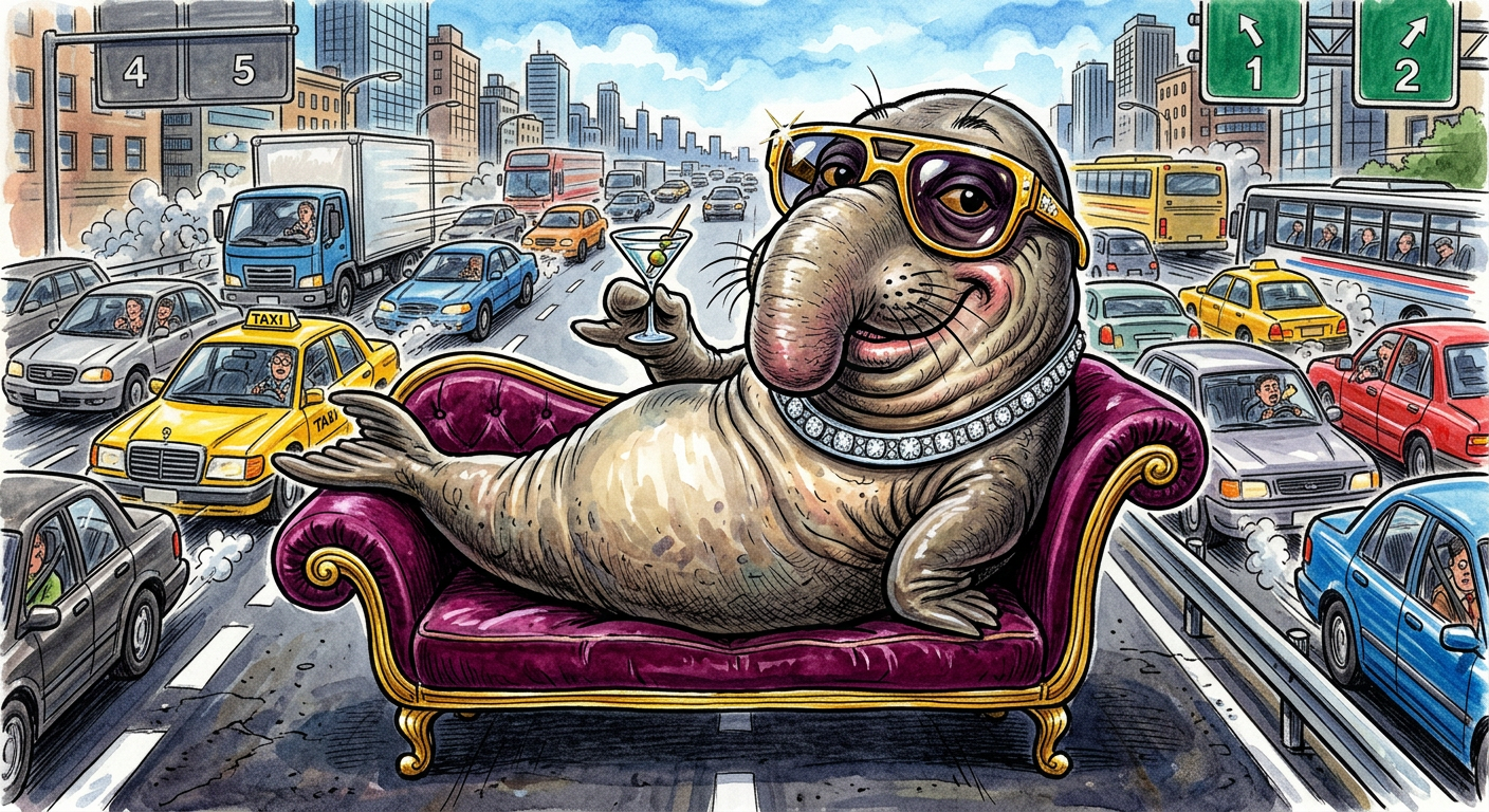 A caricature of Tasmania’s Beefiest Diva Neil The Elephant Seal Demands Luxury Concierge and Caviar shows the seal refusing to move for traffic without his demands met.