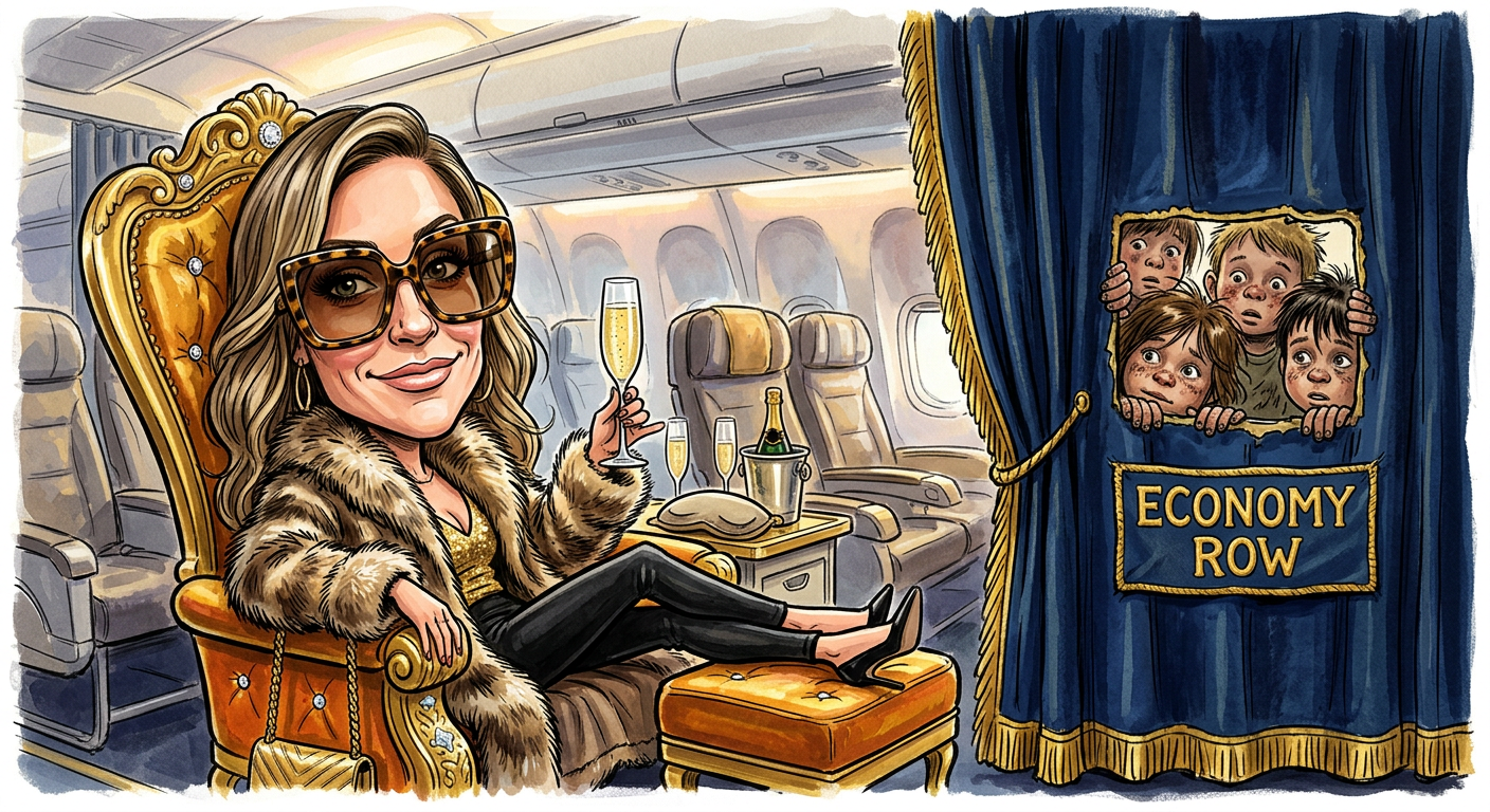 A hand-drawn caricature for Air Kristin: Cavallari Sips Caviar While Offspring Negotiate Over A Single Tiny Bag Of Pretzels showing the star in luxury while her kids watch from coach.