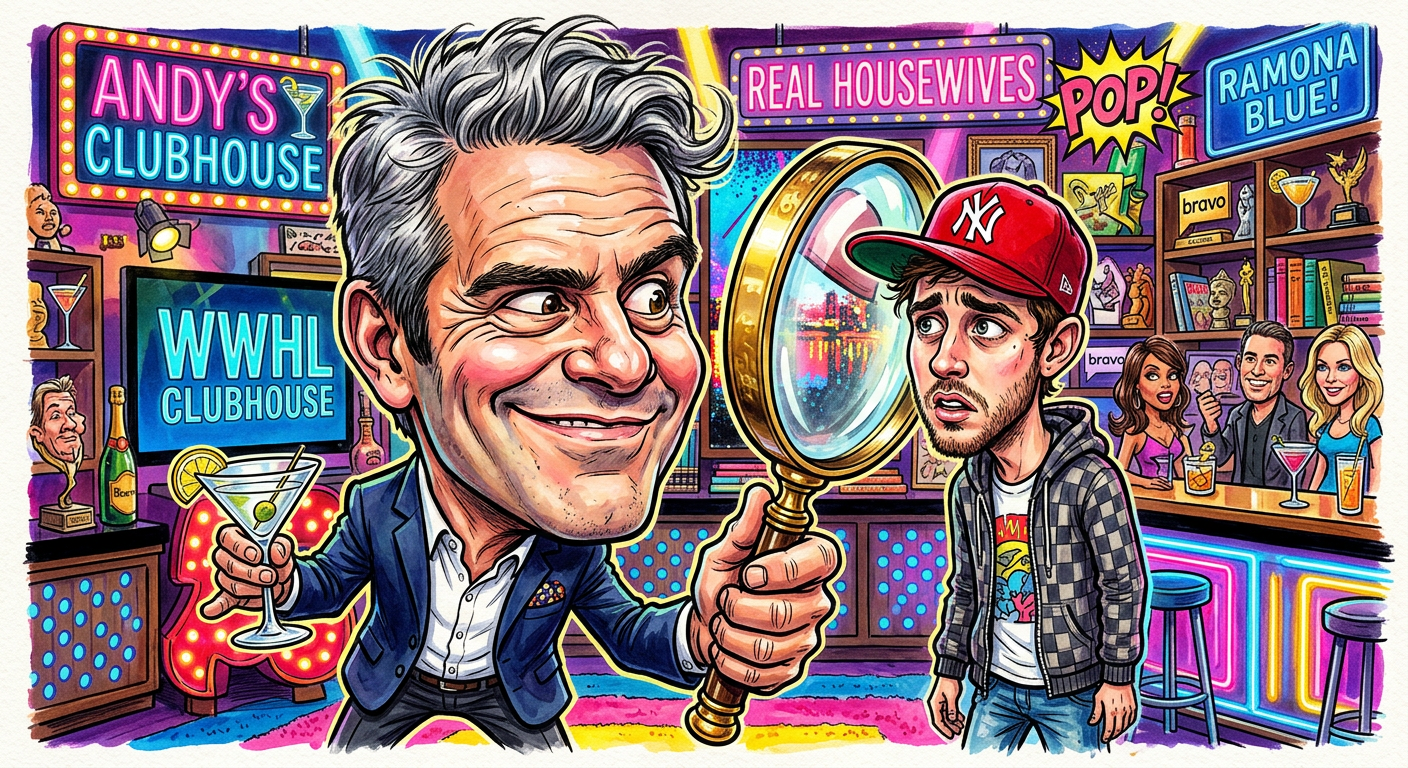 A caricature of the Bravo star illustrating the story Andy Cohen Admits Relationship Milestones Now Include Naps And Early Bird Specials by showing him squinting at a youthful partner.