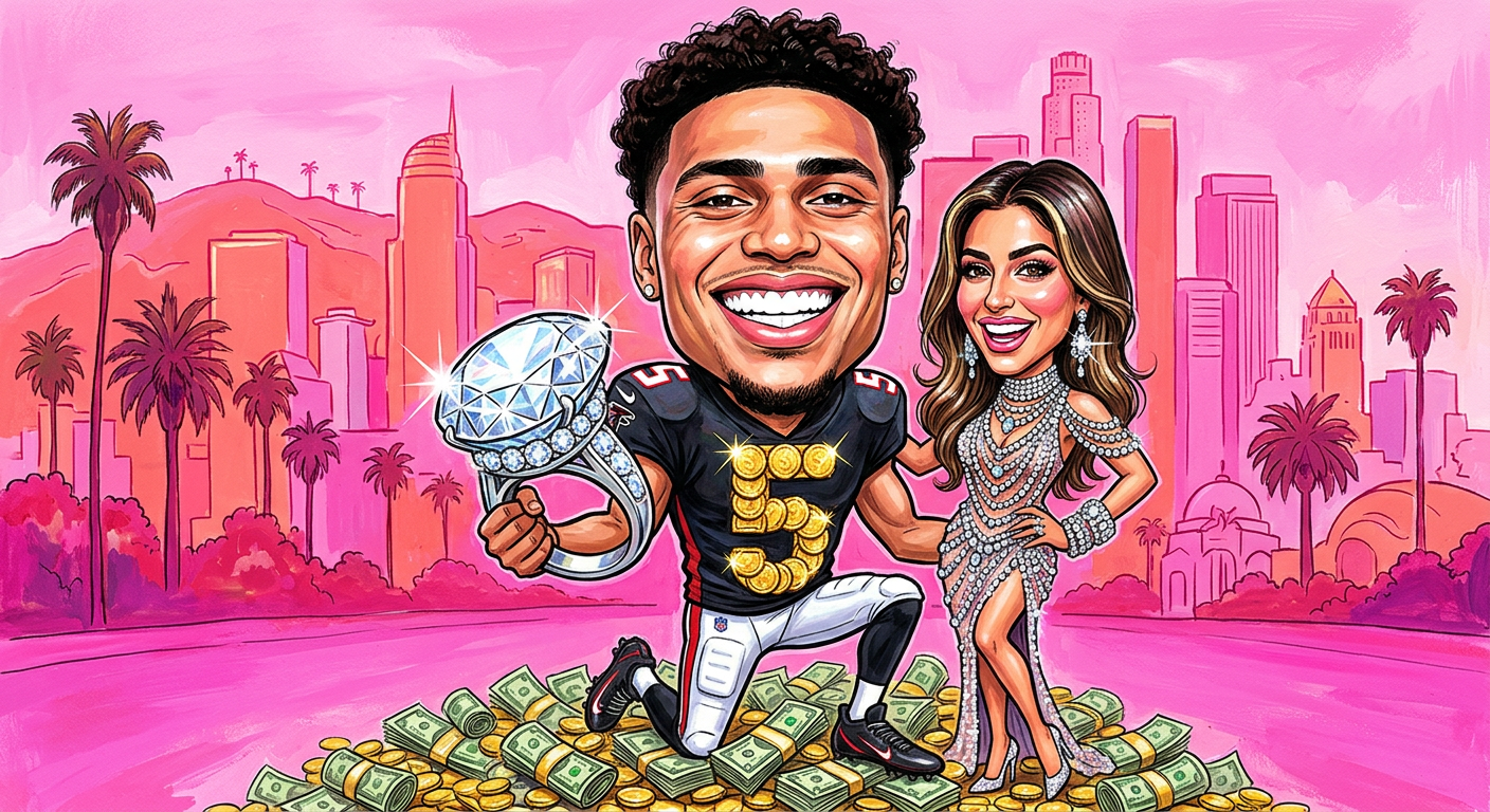 A caricature of Drake London Secures $141 Million Ring Fund Before Finally Popping The Big Question, showing the athlete presenting a giant diamond ring while standing on a mountain of cash.