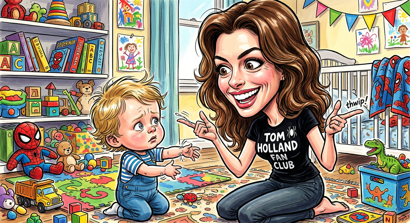 A caricature illustration for the story Anne Hathaway Replaces Biological Children With Tom Holland After One Short Work Trip showing the actress coaching a baby on how to be a superhero.