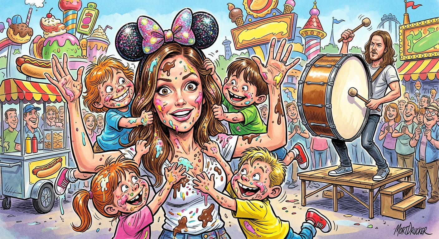 A caricature of the actress for the article Minka Kelly Successfully Survives Four Kids at Disney Without Losing Her Mind, showing her grinning while surrounded by energetic children at a theme park.