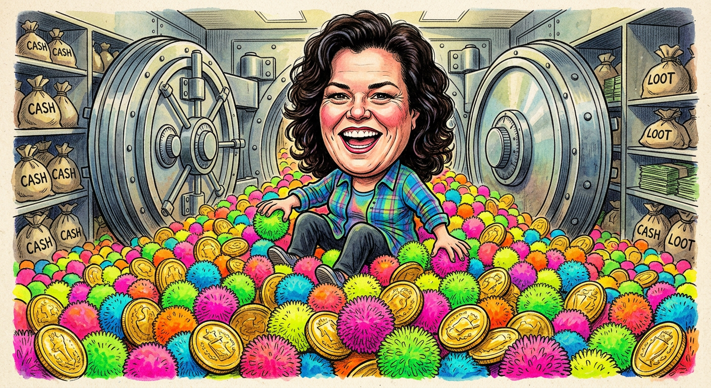 A caricature of the actress for the article Rosie O'Donnell Kept Entire Retirement Fund in Vintage Koopling Plush Dolls and Koosh Balls shows her laughing while buried in toys.