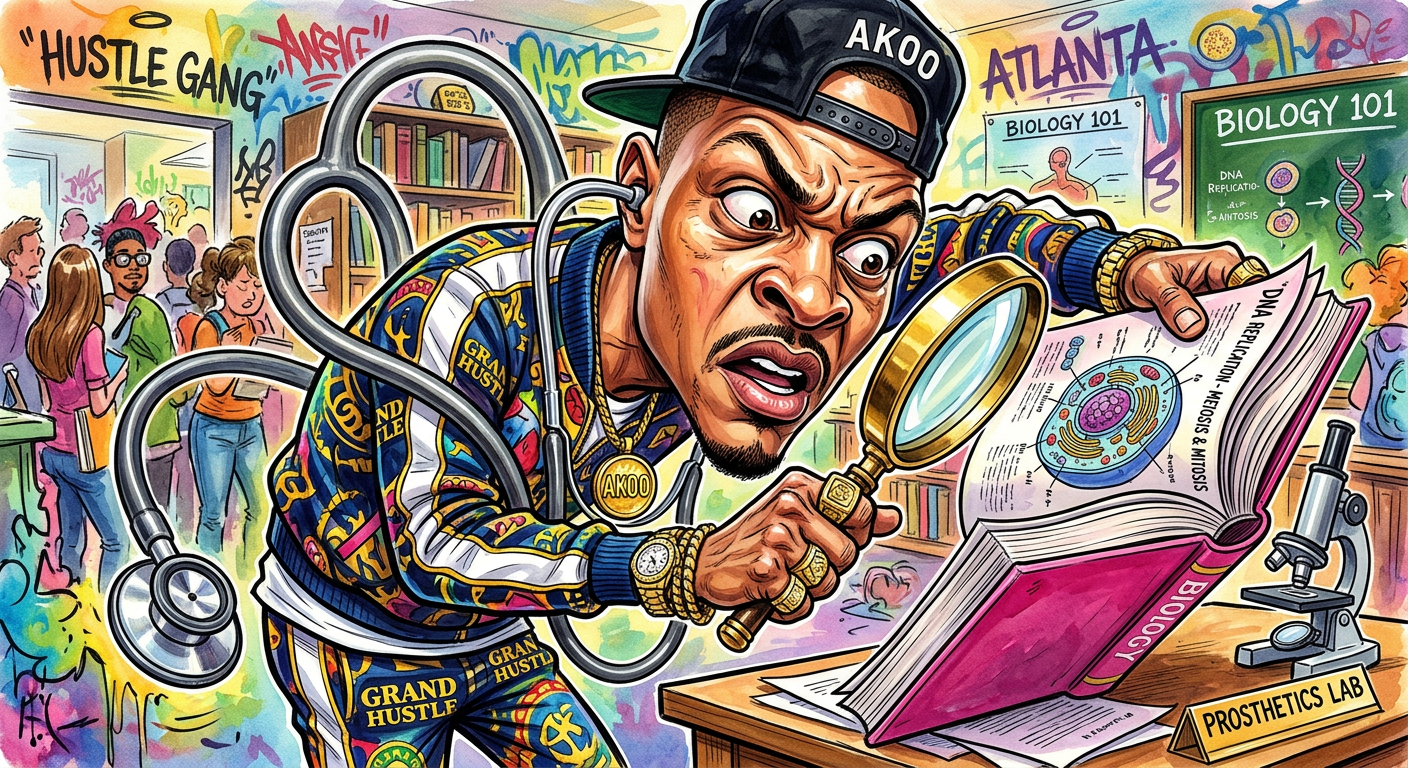 A caricature of the rapper from the article T.I. Officially Retires as the World's Most Intense and Unwanted Medical Consultant wearing a doctor's coat and looking confused.