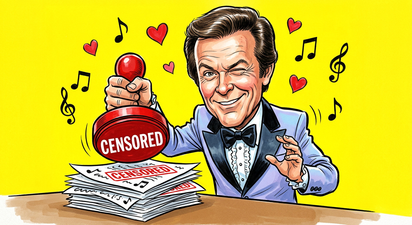 A caricature of the host in the article Bob Eubanks Admits He Was The Only Sane Man At A Libido Convention stamping papers with a censorship mark.