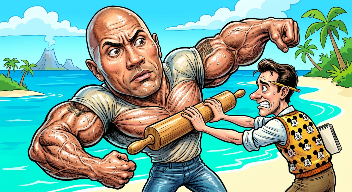 A caricature illustrating the story Dwayne Johnson Refuses to Morph Into 2D Drawing for Live-Action Moana Remake showing the actor resisting a rolling pin.