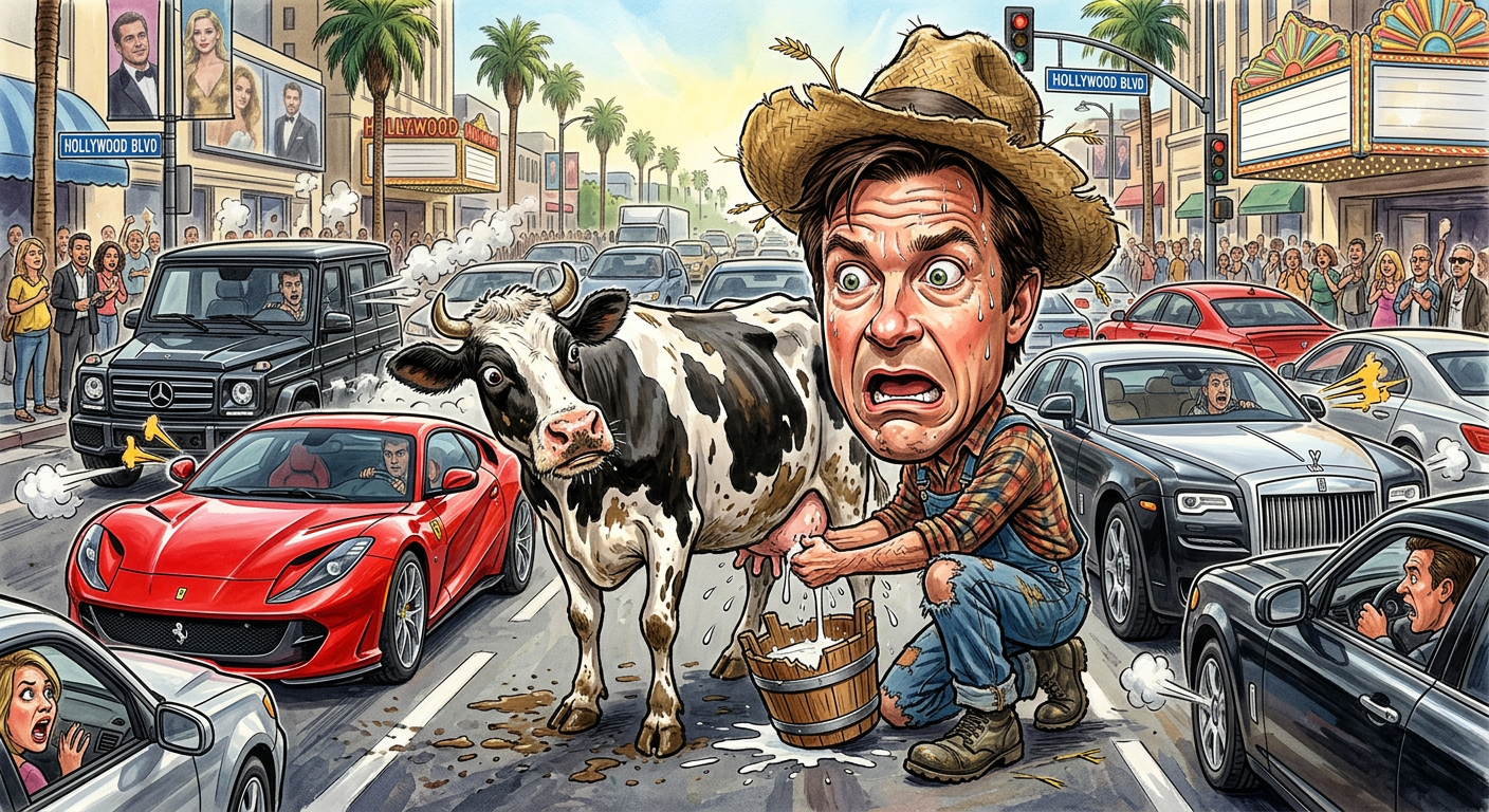 A satirical illustration of the article Jason Bateman Found Living in 1800s Cellar After Refusing to Break Character showing the actor in pioneer gear on a city street.