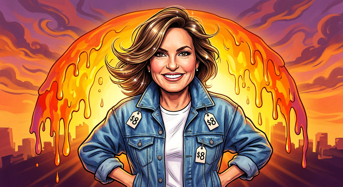 A caricature of the actress illustrates the story Mariska Hargitay Solves Global Warming Using Only a Tiny $8 T-Shirt, showing her in a denim jacket and casual pants.