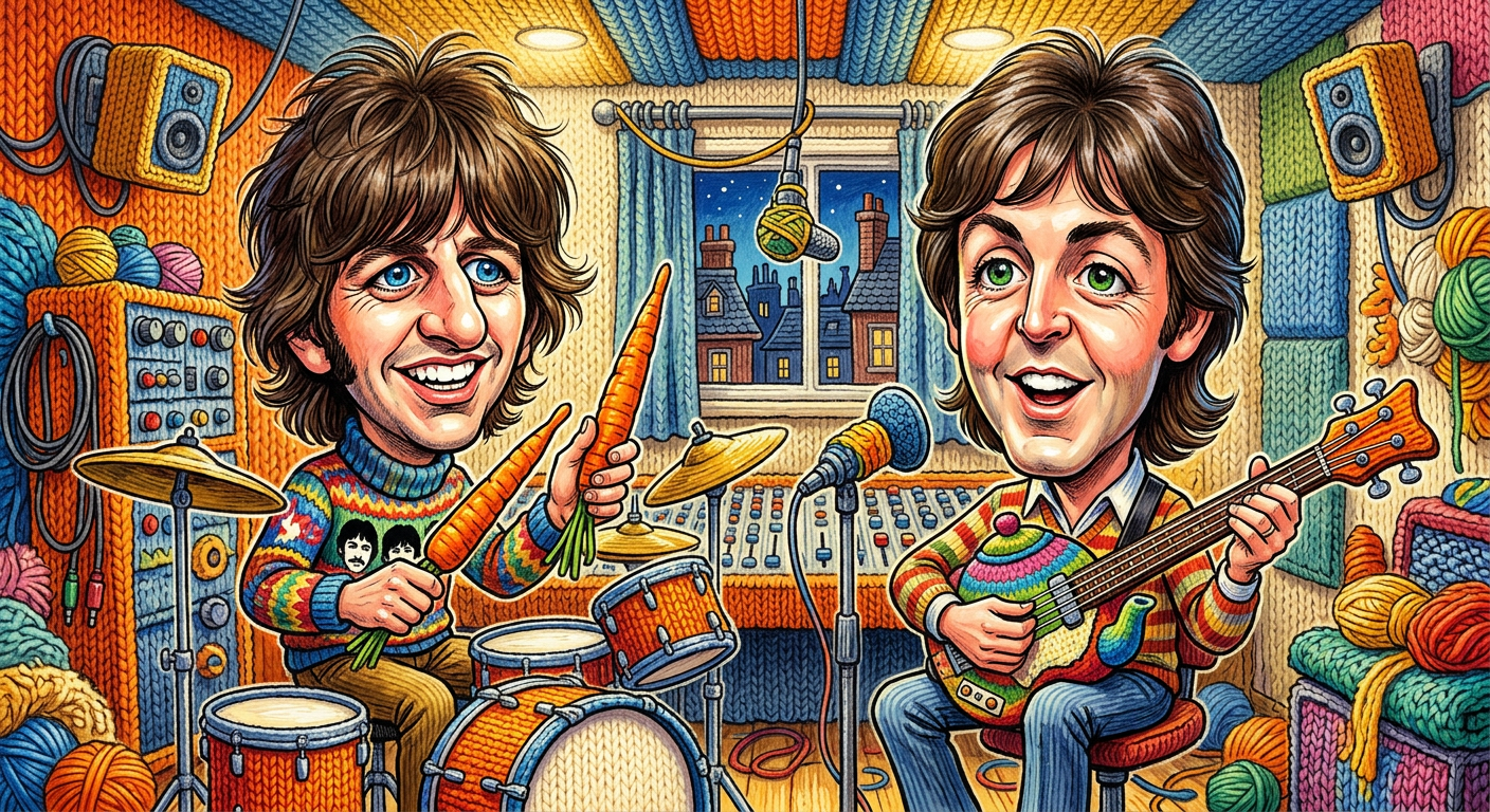 A caricature of the Beatles legends in a studio for the story Octopus Garden Maintenance: Ringo and Paul Reunite to Record Song About Doing Dishes.