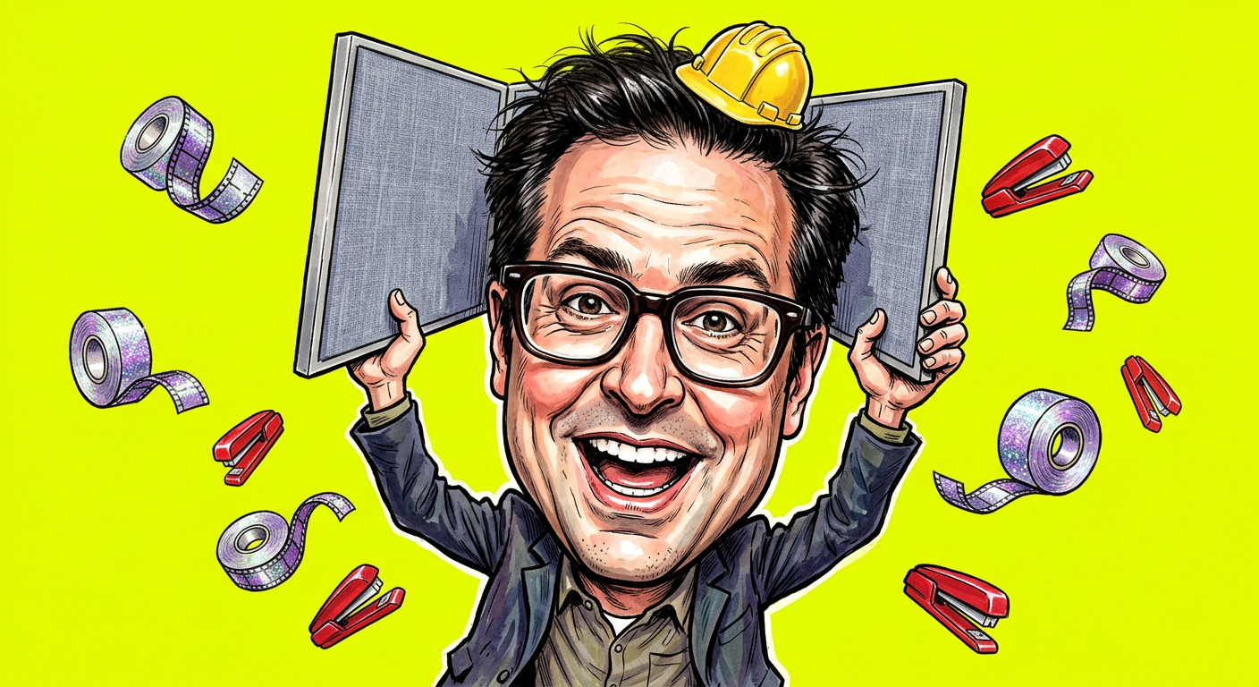 A caricature of the director celebrating his new project with the headline David Wain Desperately Rebuilds Cubicles Following Traumatic Glitter Explosion At Office Party.