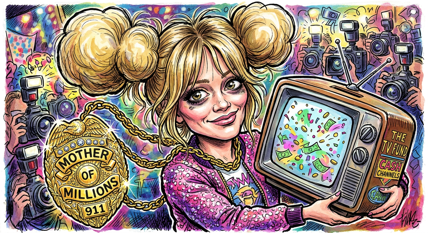 A caricature of the actress for the article Hilary Duff Demands Child Support from Millennial Fans After Taxing Childhood Upbringing shows her holding a giant piggy bank.
