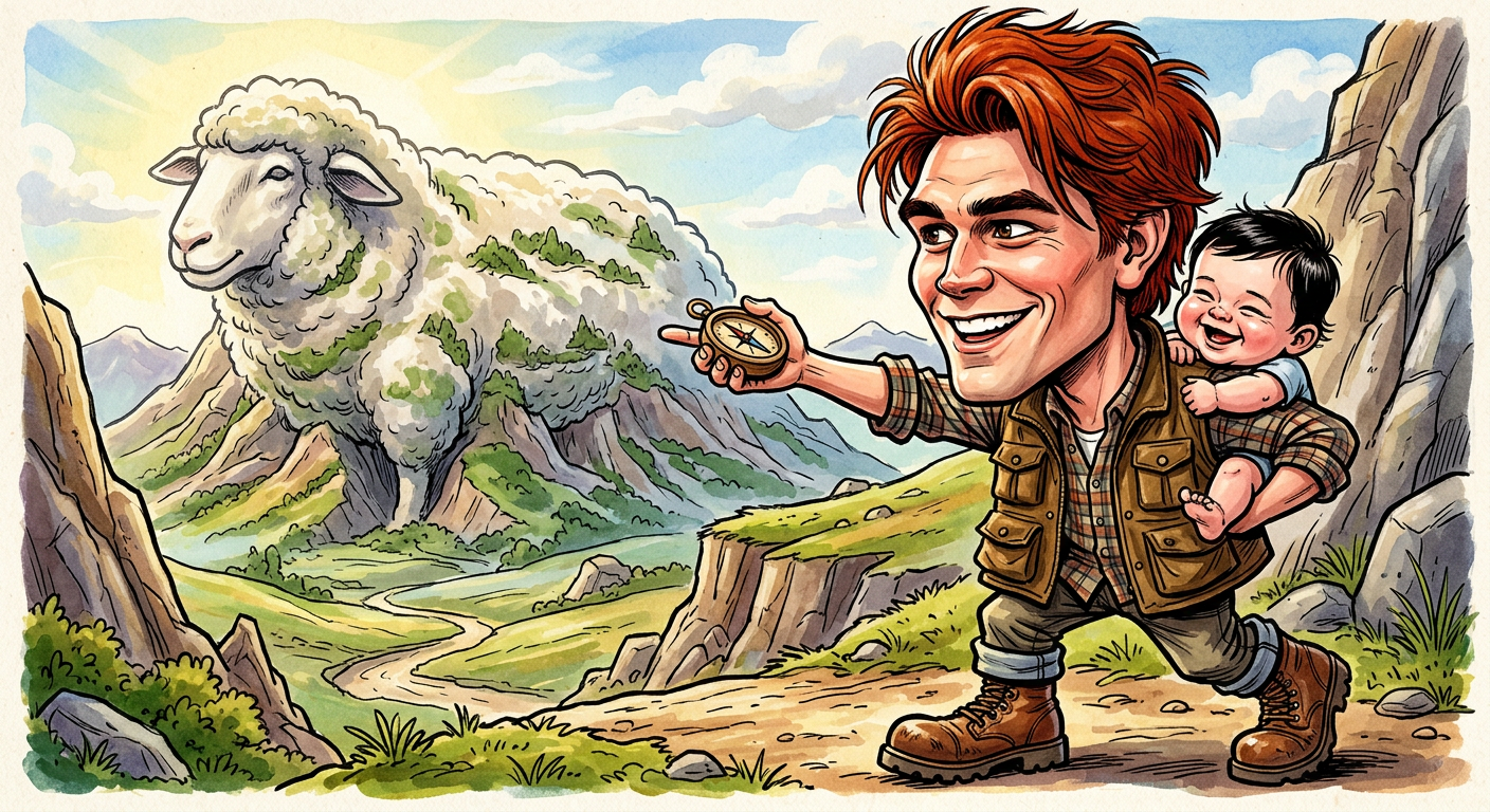A satirical illustration for the article KJ To Flee Planet Earth For New Zealand Wilderness By 2026 showing the actor in hiking gear carrying his son.