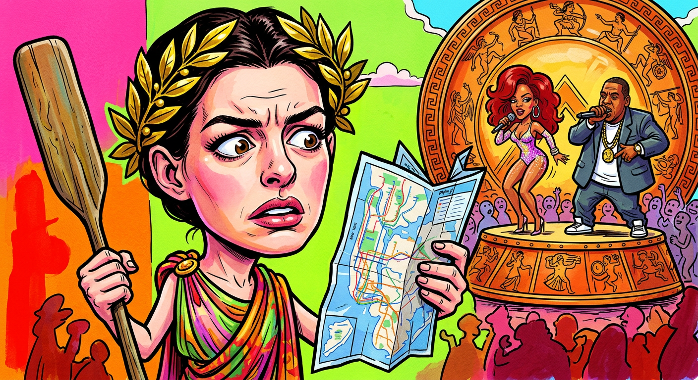 A caricature of the article Anne Hathaway Enters Heroic Fugue State After Reading Too Many Ancient Greek Epics showing the actress lost in New York City while dressed as a mythological hero.