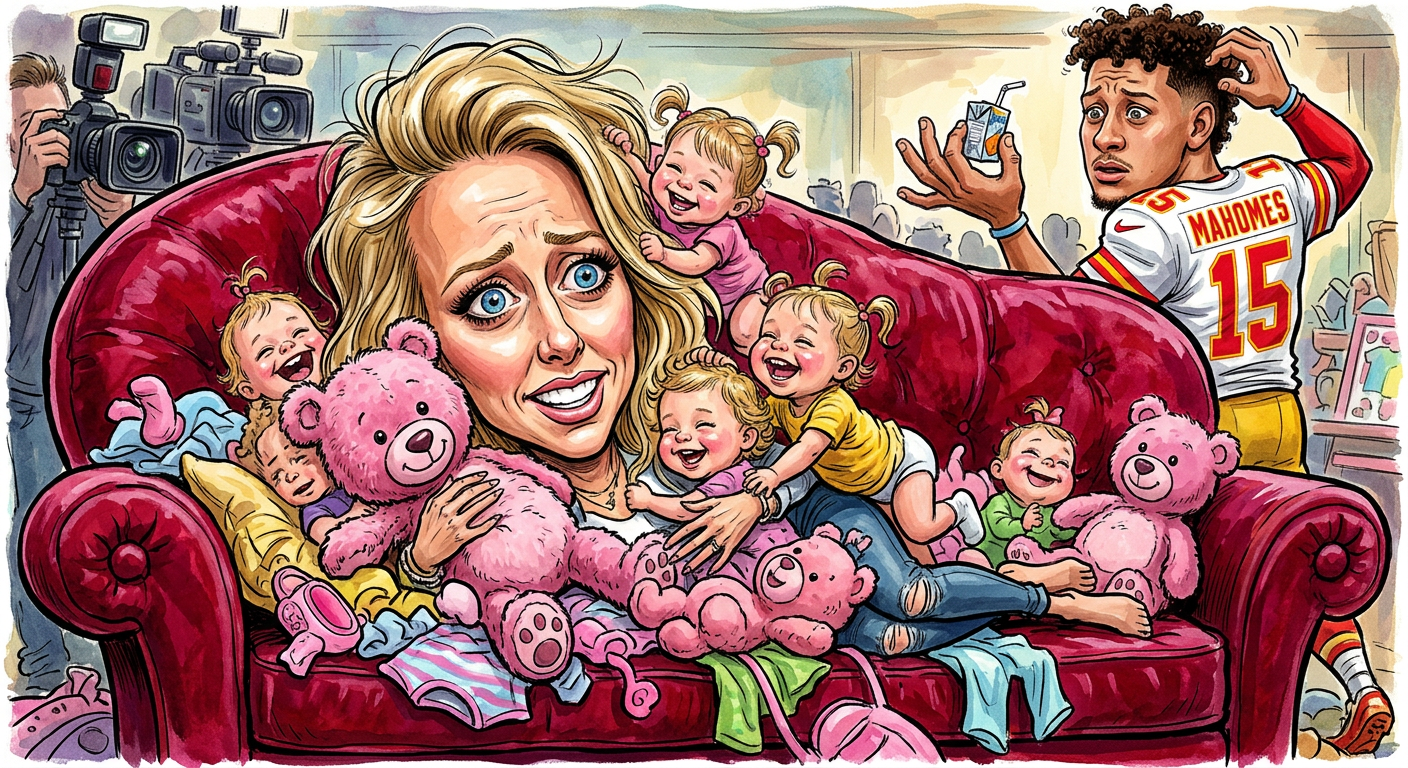 A caricature illustration showing the chaos of Brittany Mahomes Trapped in Permanent Toddler Cuddle Pile as Patrick Fumbles the Snacks.