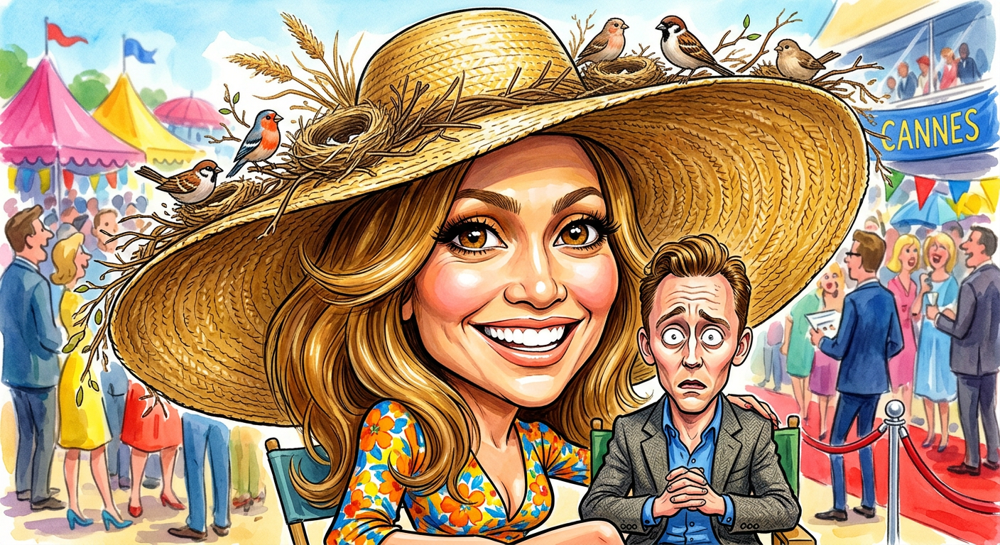 A satirical caricature illustration of J-Lo’s Massive Wimbledon Hat Declared Autonomous Zone with Its Own Zip Code as she sits in the stands.