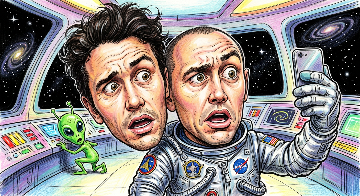 A caricature of the actor illustrates the story James Franco Insists Space Hunks Are Sliding Into His Intergalactic DMs as he tries to vlog with a confused alien.