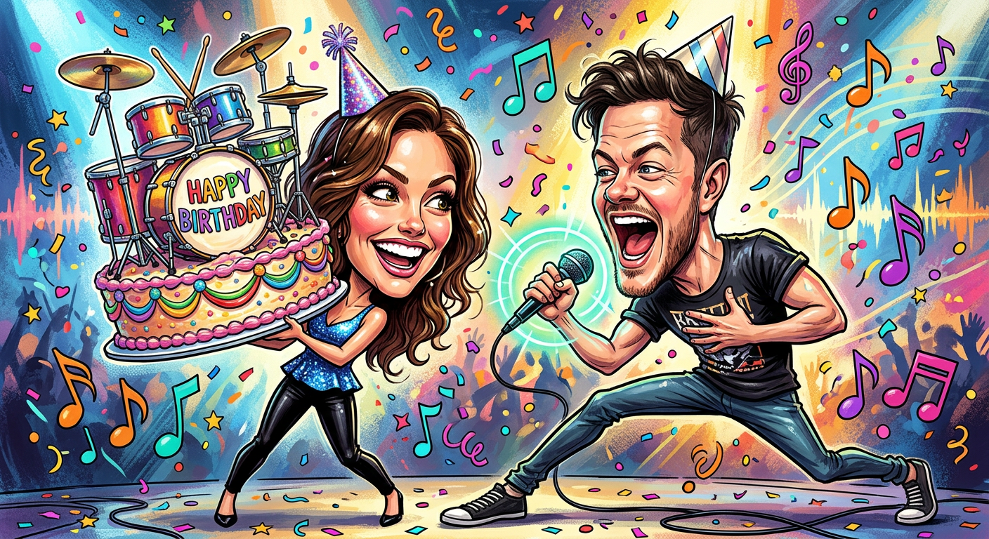 A caricature illustration depicting Minka Kelly Thanks Dan Reynolds for Surviving Another Year of Loud Drumming with a giant drum-themed birthday cake.
