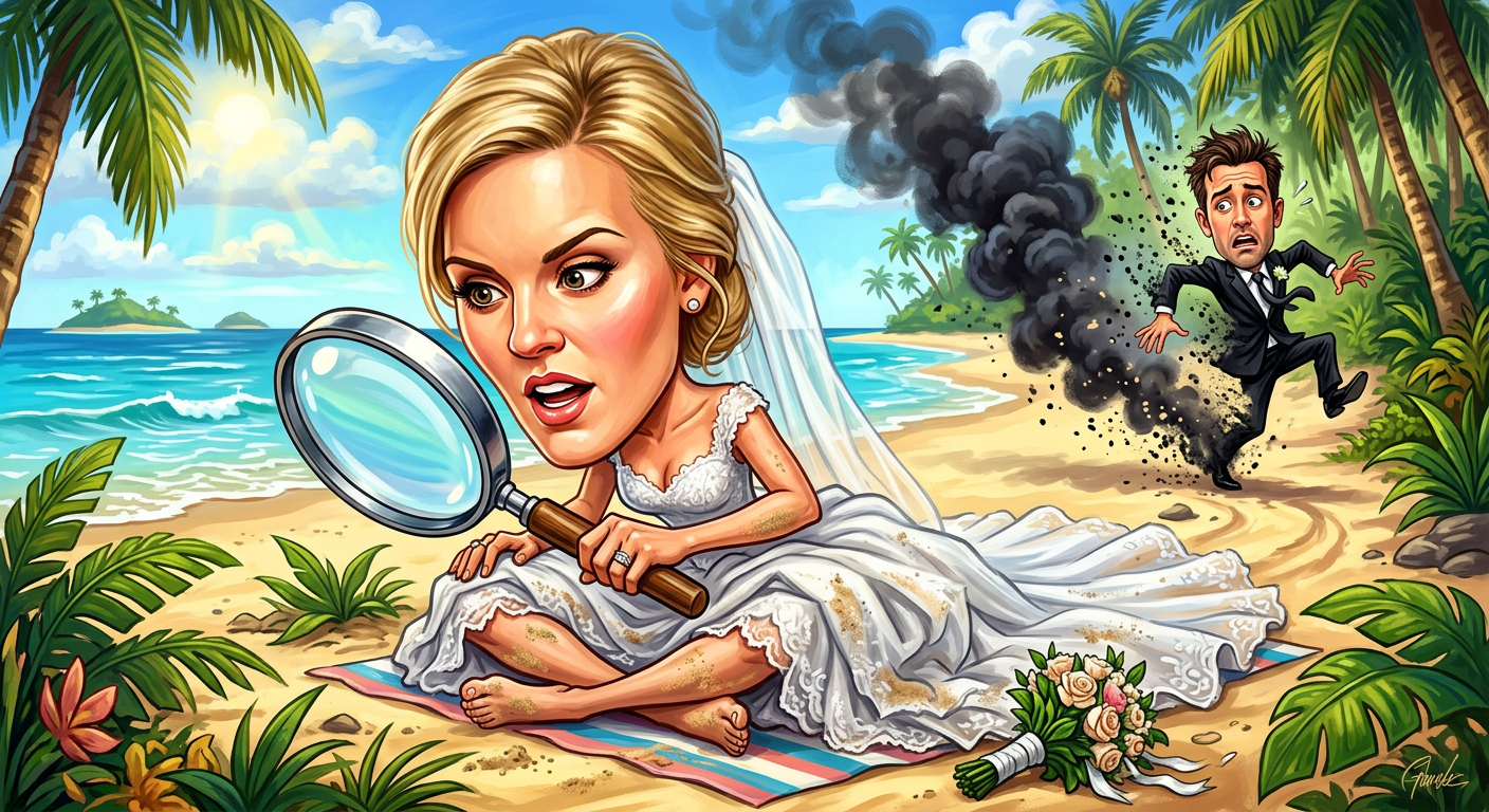 A hand-drawn caricature illustrating the headline Lost Star Maggie Grace Finally Escapes The Island Of Matrimony For Good by showing the actress running away from a wedding cake on a desert island.