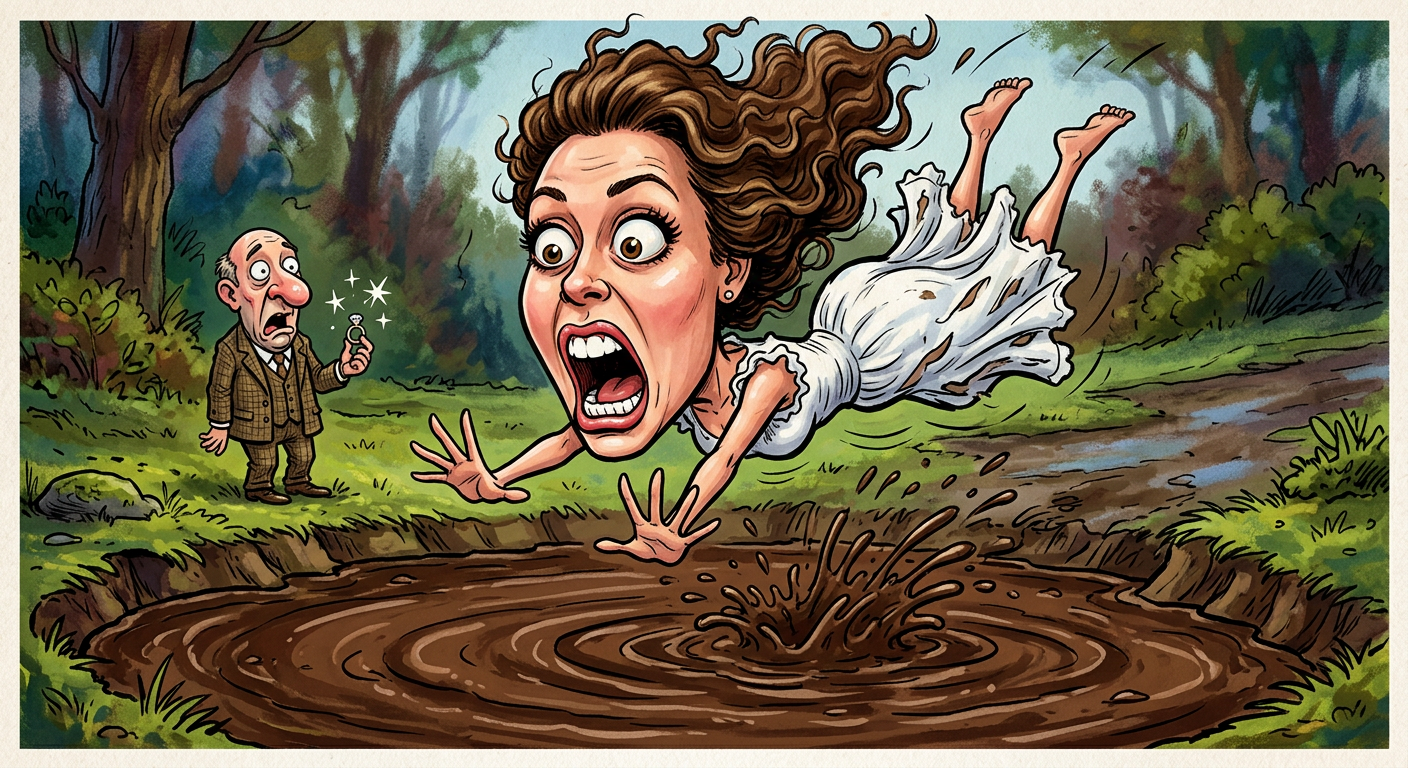 A caricature of Alisa Vandercruyssen falling into a puddle illustrates the story Mud-Slinging Sweetheart Plants Face in Slop During the World’s Dirtiest Engagement.