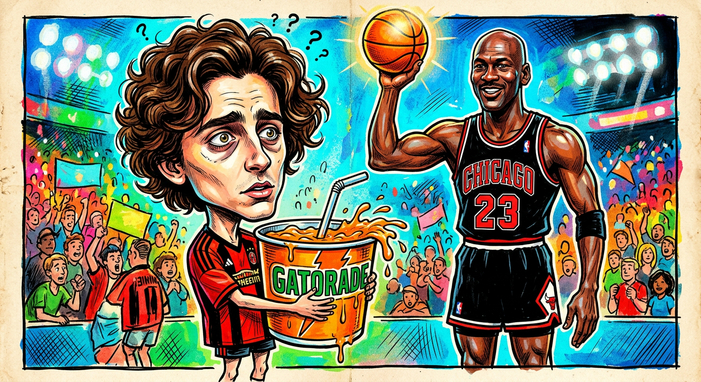 A caricature of the actor in the article Timothée Chalamet Mistaken for Scrawny Ball Boy During World Cup Semifinal Appearance.