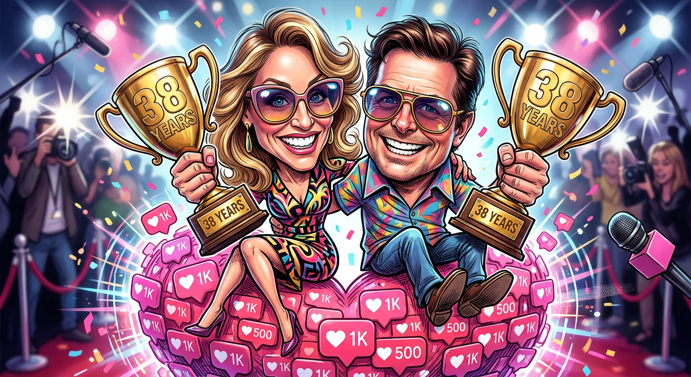 A colorful tabloid caricature of the couple celebrating the story Michael J. Fox’s Marriage Sets Guinness Record for Most Instagram Hearts Ever Generated.
