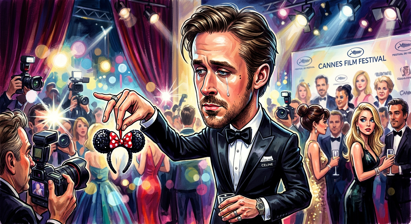 A caricature of the actor being dramatic in the article Mickey Mouse Club Reunion Cancelled After Ryan Gosling Refuses To Wear Ears.