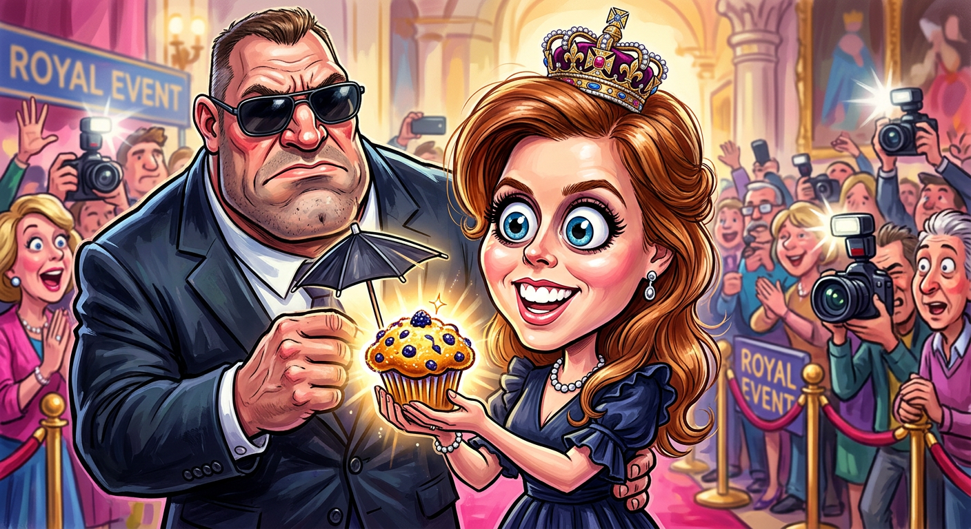 A caricature depicting the story Princess Beatrice Accused of Using Royal Security to Guard Single Artisanal Muffin with a pastry receiving top-tier protection.