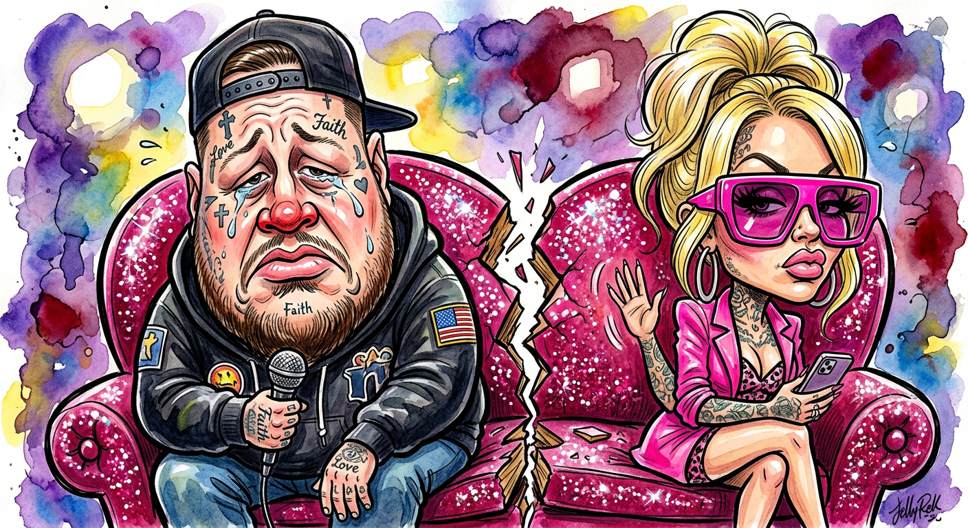 A celebrity caricature illustrating the article Jelly Roll and Bunnie Xo Split: Country Star Reclaiming 400 Square Feet of Tattoos.