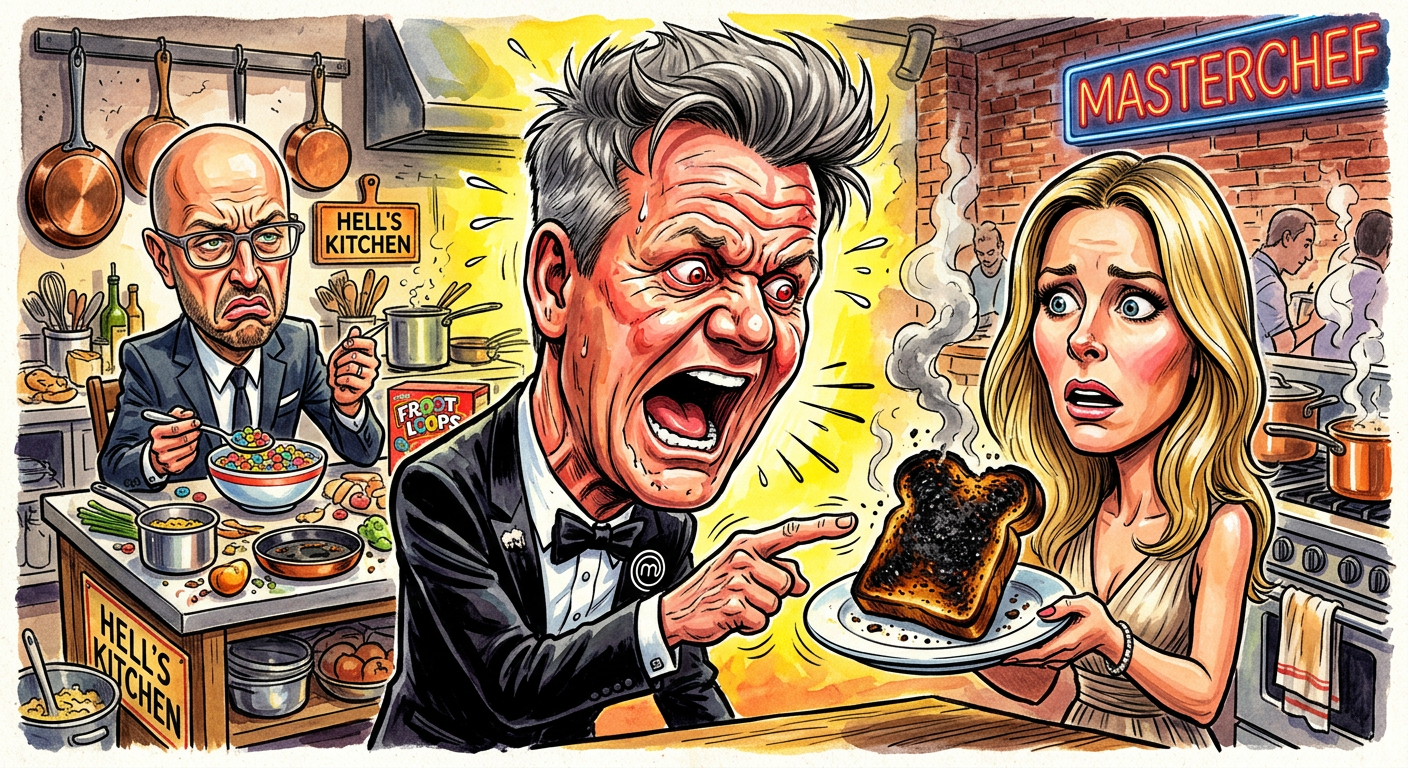 A satirical illustration for the article MasterChef Spouses Reveal Truth: Gordon Ramsay Only Communicates Via Aggressive Shouting And Risotto showing the chef yelling at a breakfast item.