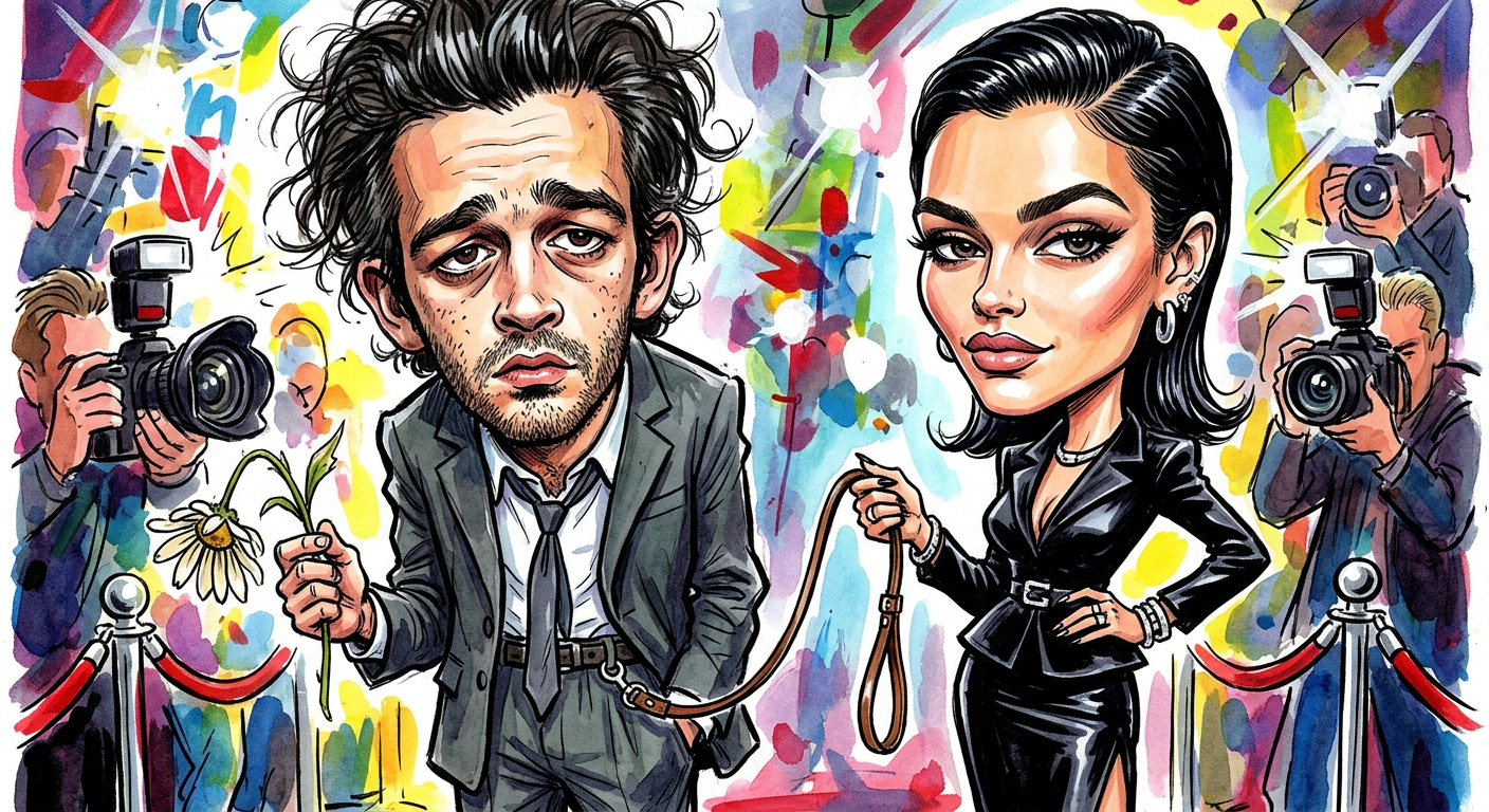 A caricature illustration for the article Chain-Smoking Indie Bro Finally Settles Down With Woman Who Owns A Hairbrush which depicts a messy musician and his model bride.