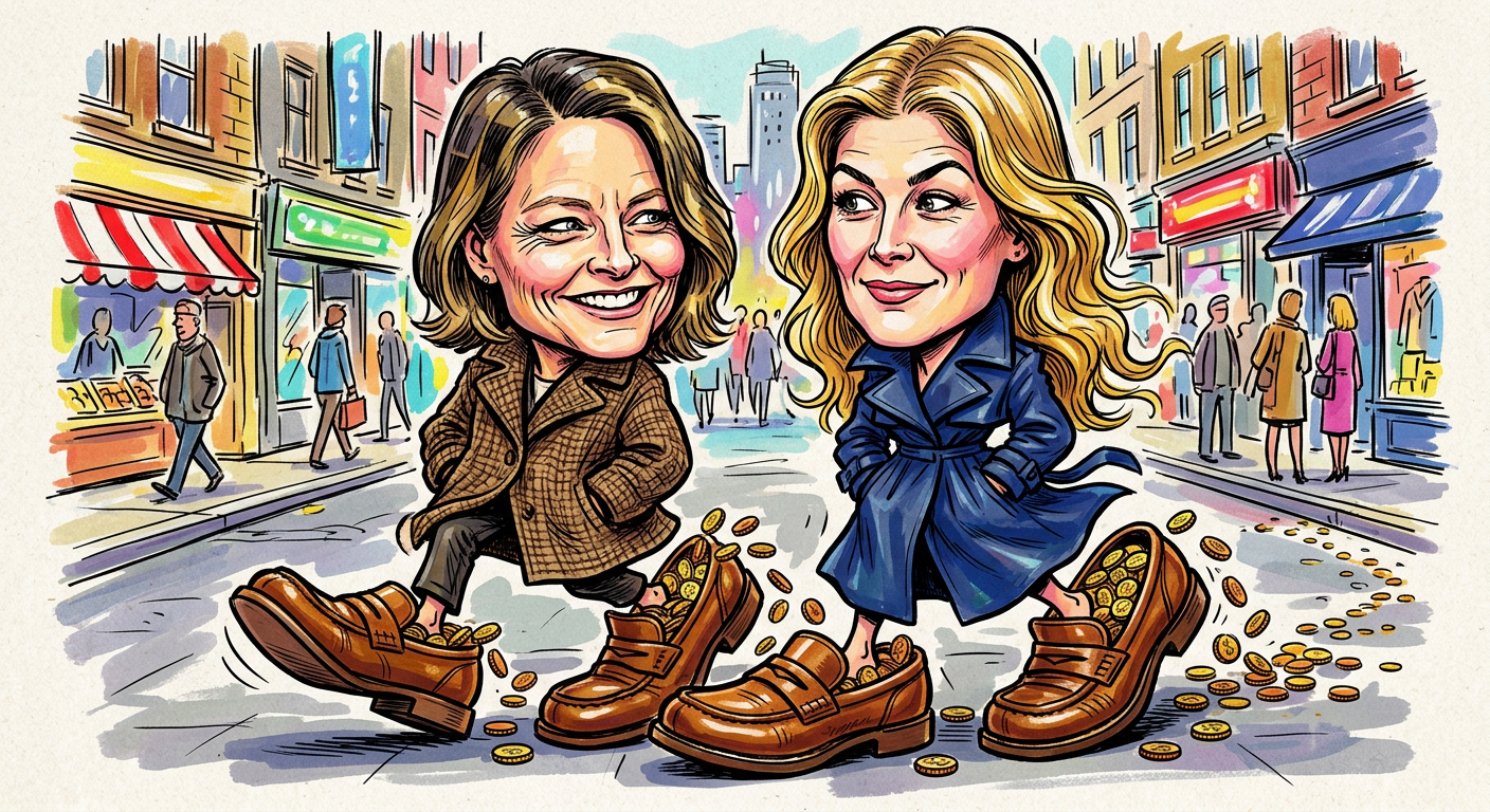 A colorful caricature illustrating the story Loose Change Chic: Jodie Foster Admits To Filling Sizzling Loafers With Actual Pennies, showing celebrities walking in coin-stuffed shoes.