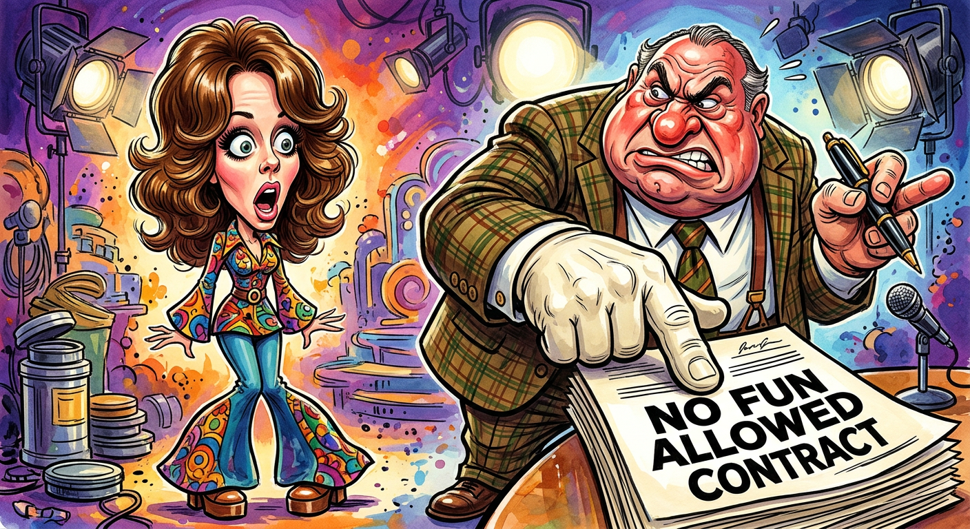 A caricature illustrating Mackenzie Phillips Fired for Having Too Much Fun During the Disco Era as she stands next to a giant contract.