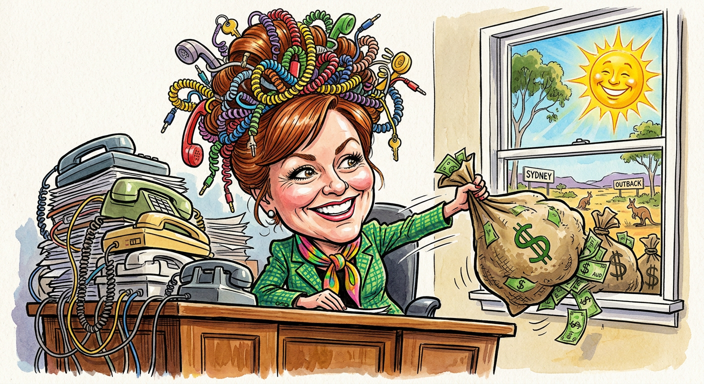 A hand-drawn caricature showing the story Sydney Retail Queen Swaps Manager Status for Professional Phone Answering and Naps with a carefree woman lounging at a desk.